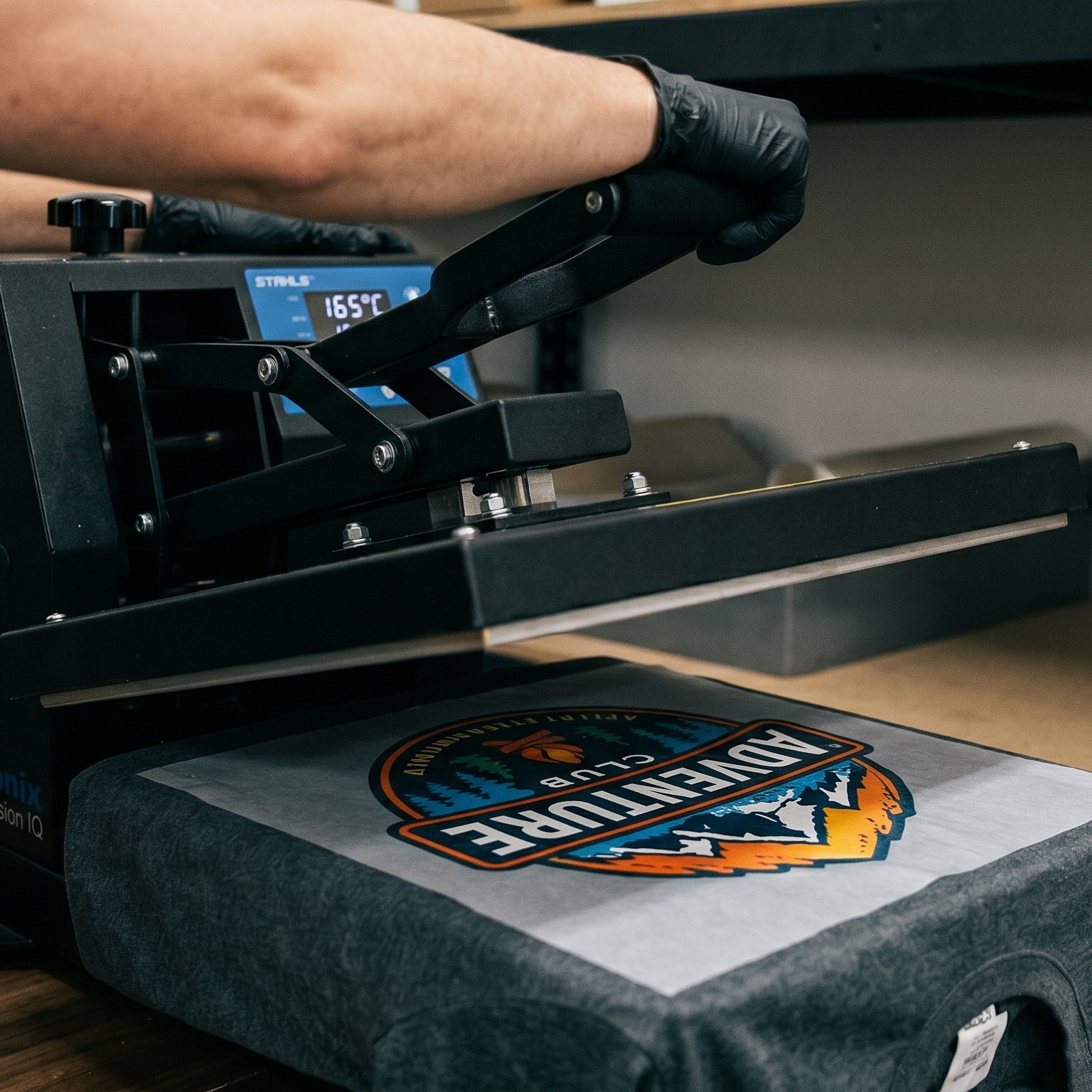 A person wearing black gloves operates a heat press machine set to 165°C to apply a full-colour DTF transfer film onto a dark grey t-shirt.