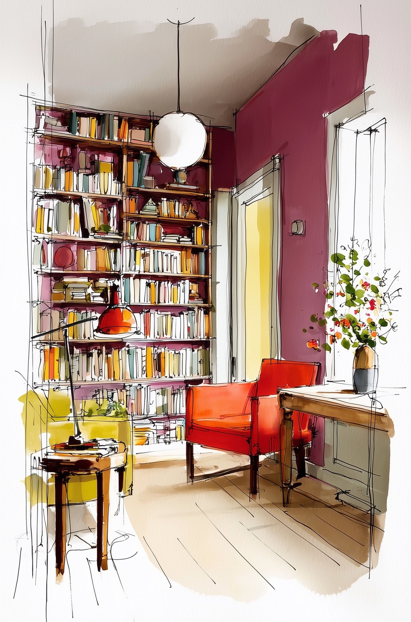Watercolor interior design rendering of an eclectic home library with bold red chair and built-in bookshelves