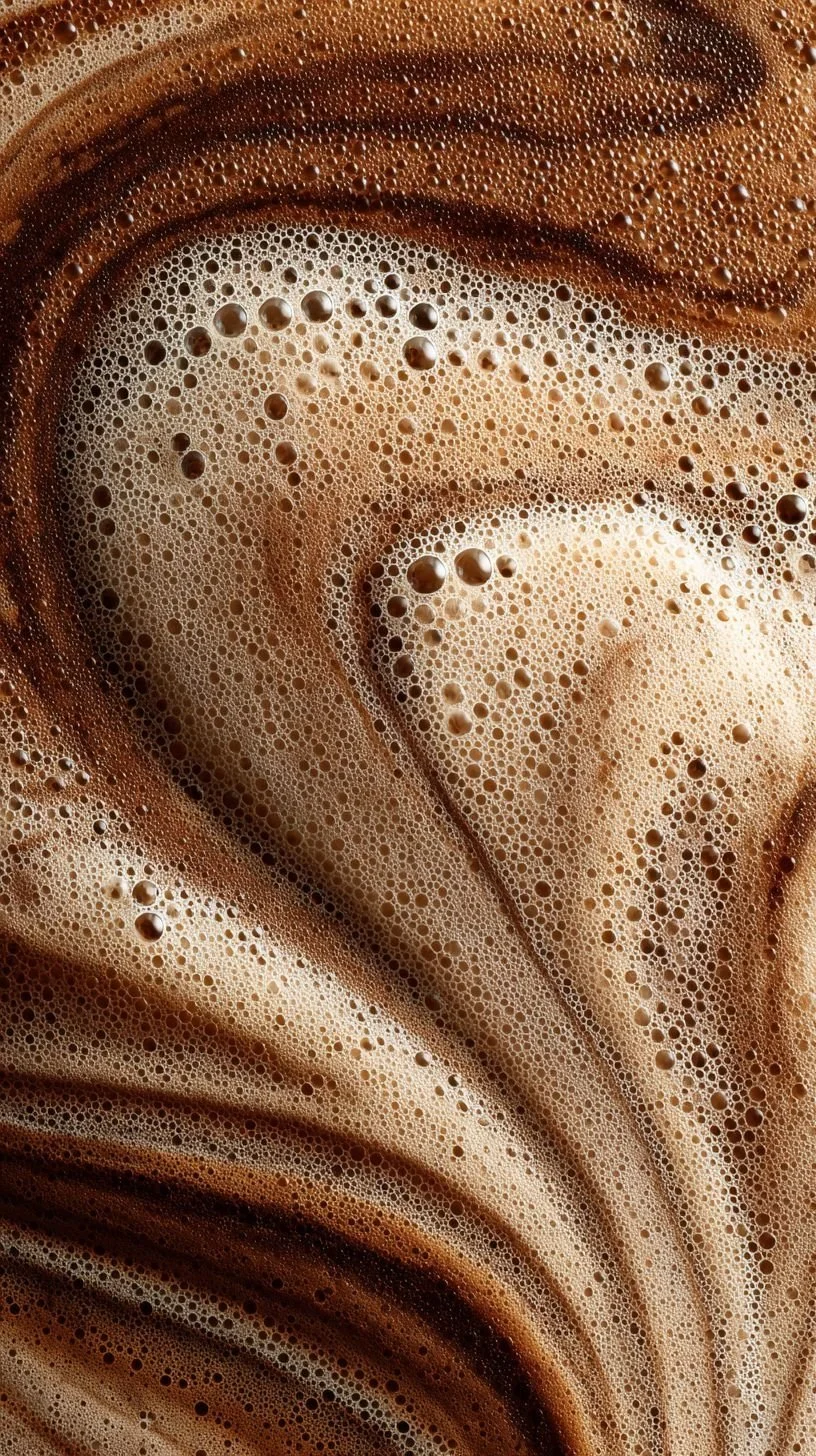 Close-up of frothy, bubbly brown liquid, most likely chocolate beverage.