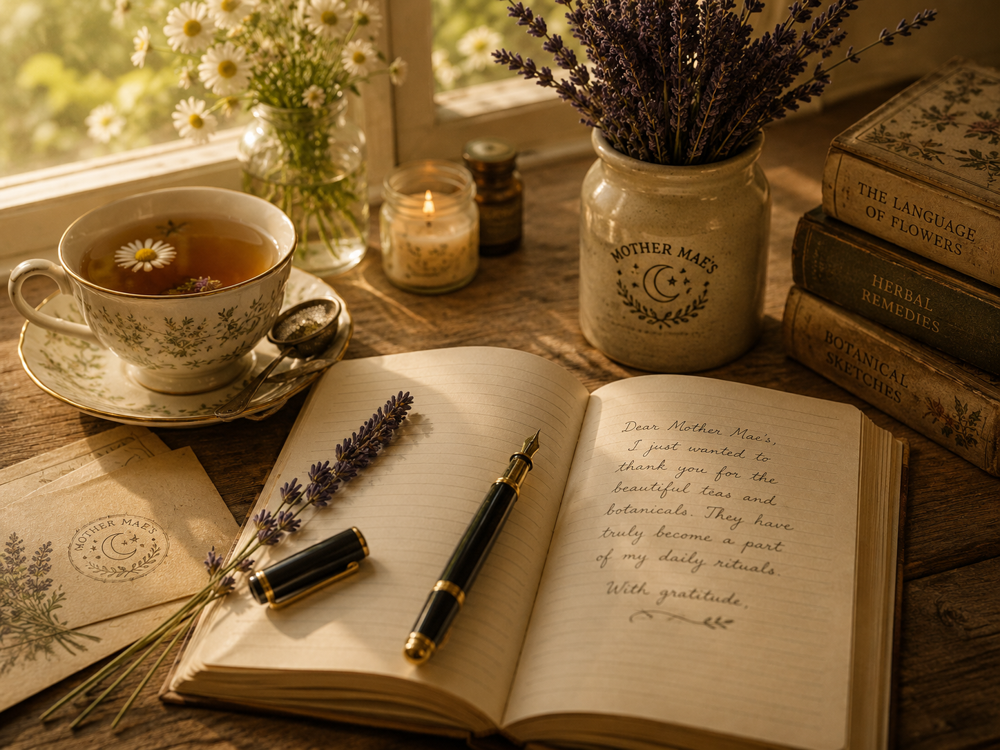 A cozy scene with a cup of herbal tea with a daisy petal floating on top, a small spoon, an open gratitude journal with a lavender sprig and handwritten message, a fountain pen, a jar of lavender flowers, a lit candle, stack of old botanical books, and a jar labeled 'Mother Mae's' with more lavender, all on a wooden table near a window with sunlight.
