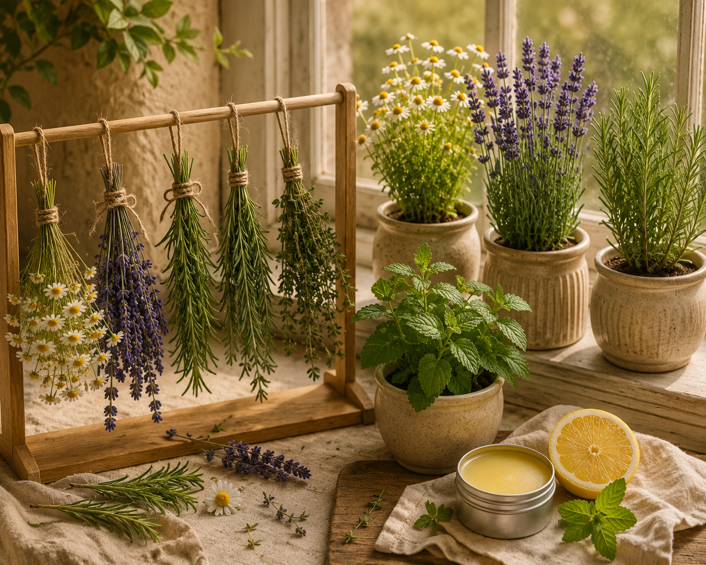 Bunches of fresh lavender, chamomile, and other herbs hanging to dry on a wooden rack, potted lavender and mint plants on a windowsill, a lemon slice, and a tin of yellow balm or lotion on a cloth on a wooden surface in a cozy room with sunlight.