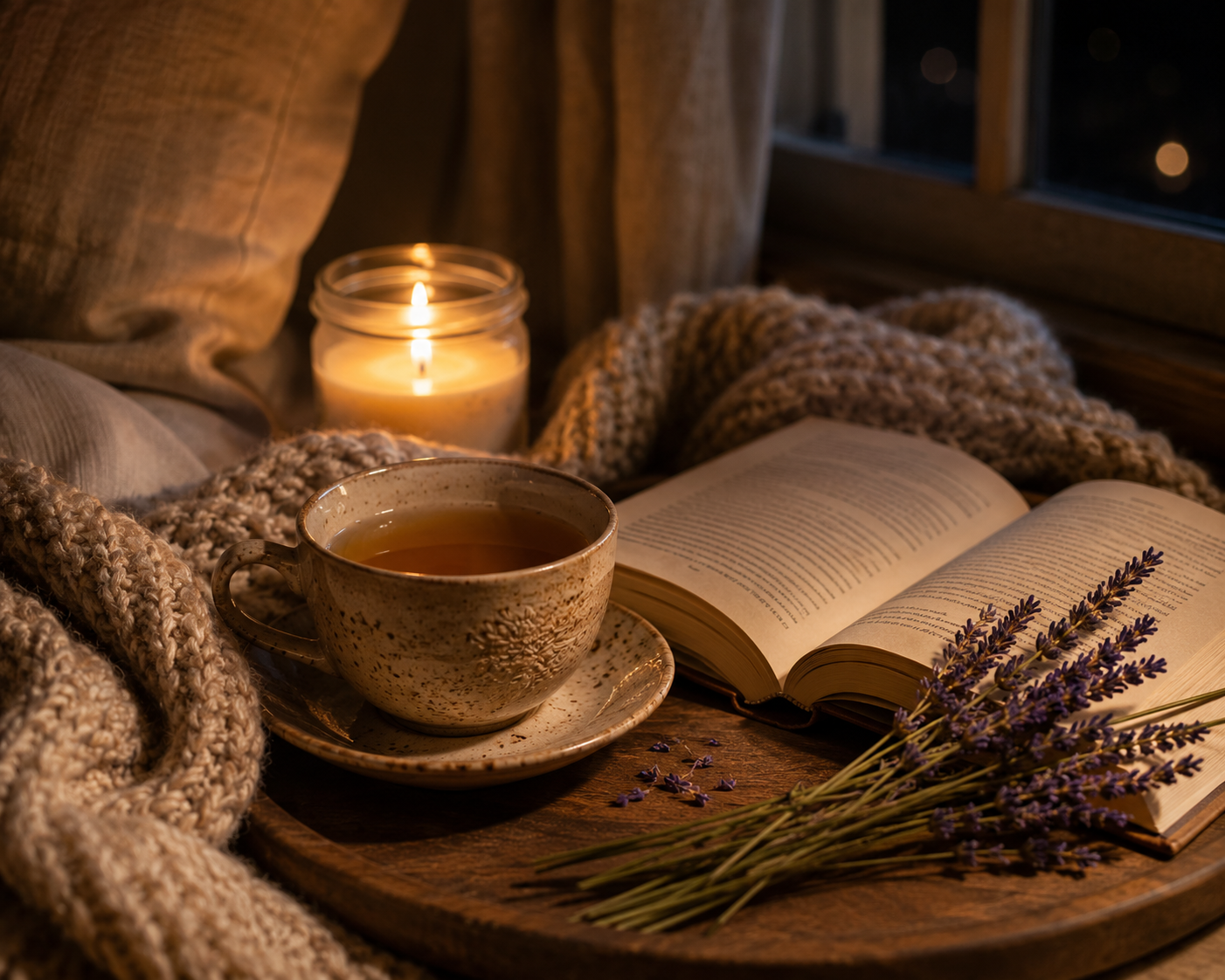 A cozy scene with a cup of tea on a wooden tray, an open book, a bunch of lavender, a lit candle, and knit blankets near a window at night.