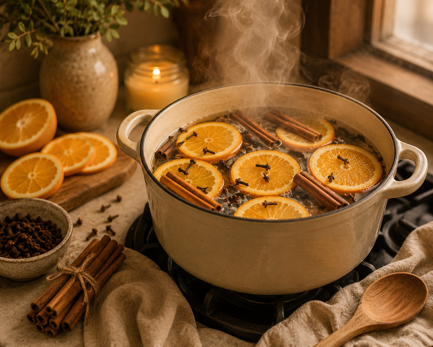 A pot with orange slices and cinnamon sticks simmering on a stovetop.