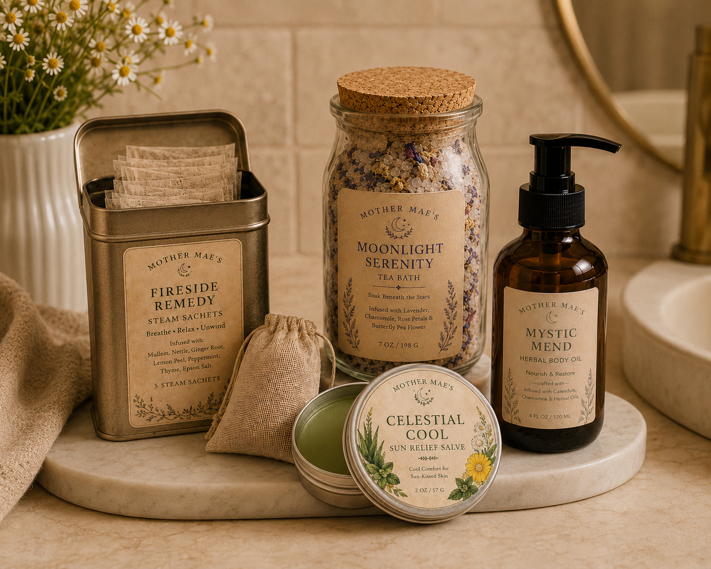 A collection of Mother Mae's personal care and relaxation products on a marble surface. Includes a tin of steam sachets labeled 'Fireside Remedy,' a jar of dried herbs named 'Moonlight Serenity,' a herbal body oil labeled 'Mystic Mend,' and a sun relief salve called 'Celestial Cool.' There is a small pouch, a beige towel, and in the background, a vase with daisies and a bathroom sink.
