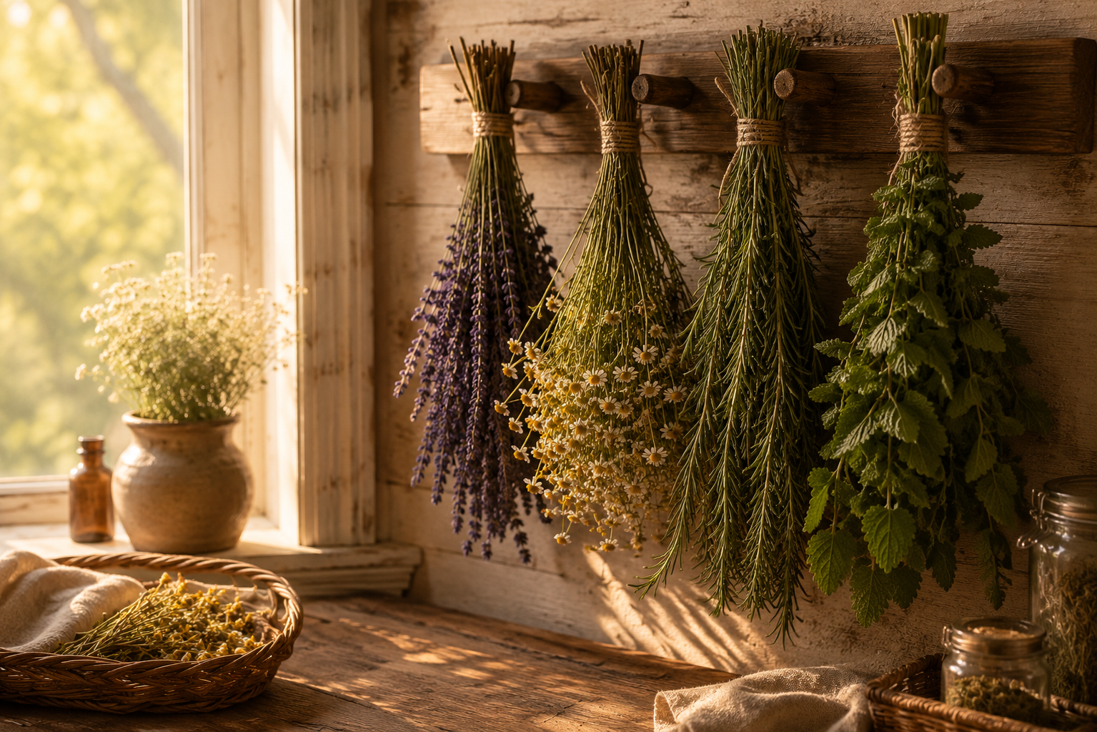 Dried herbs hanging on a wooden wall in a rustic kitchen with sunlight streaming through a window.