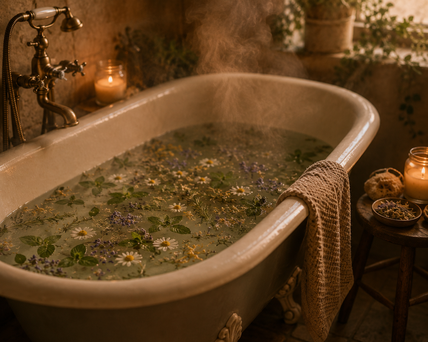 A vintage bathtub filled with water and floating flowers, including daisies and lavender. A beige towel hangs on the side, with lit candles and natural elements on a small wooden table nearby, creating a relaxing ambiance.