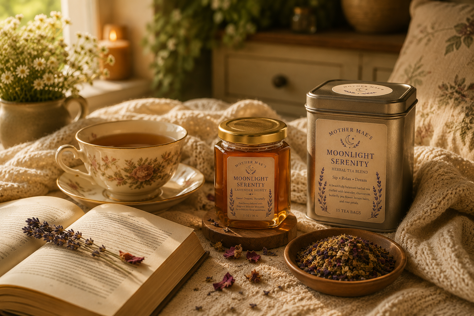 Cozy reading nook with hot tea and honey