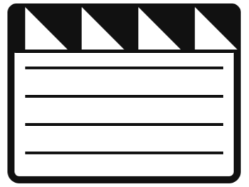 Clapperboard, often used in filmmaking, with a striped top and lines for writing production details.
