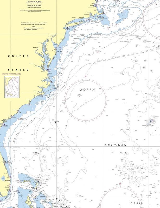 A nautical chart of the North American coast, showing depths, water depths in meters, locations of underwater features, and navigation aids along the shoreline.