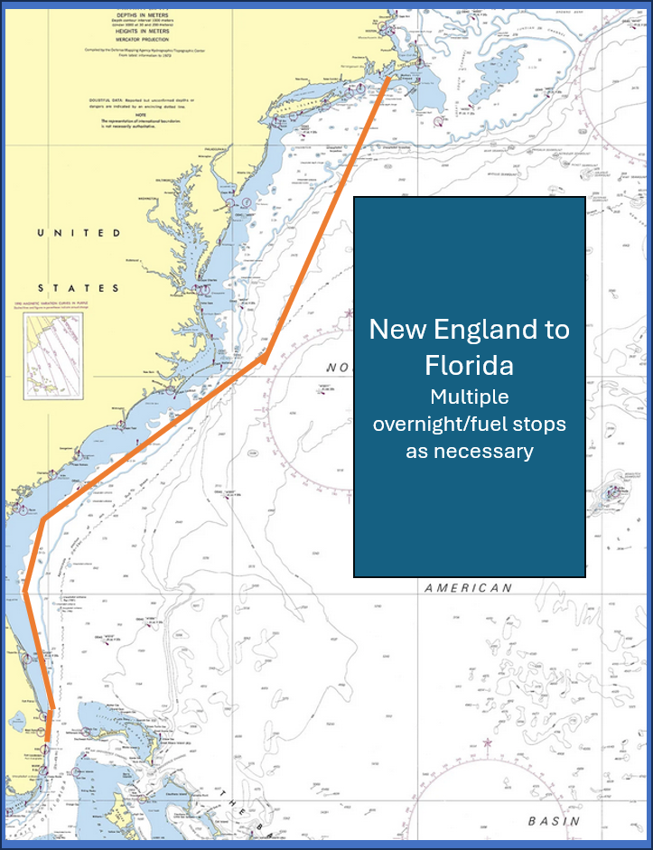 Navigational map of the eastern coastline from New England to Florida, indicating a route with multiple overnight or fuel stops as necessary.
