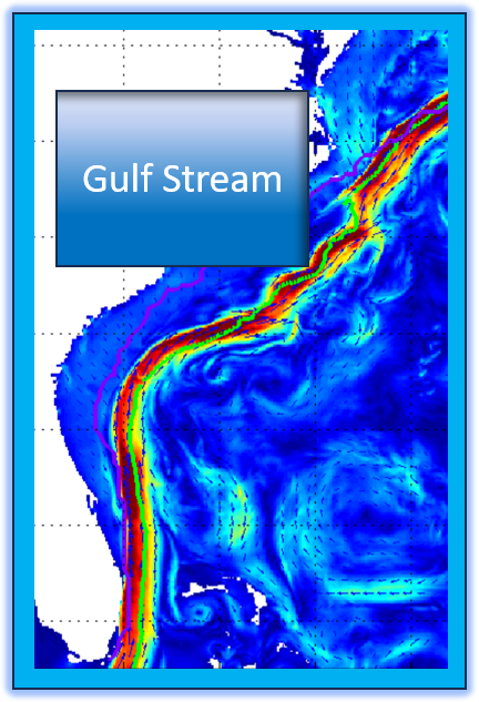 Color-coded map showing the Gulf Stream ocean current in blue, green, yellow, and red, with a label indicating the Gulf Stream
