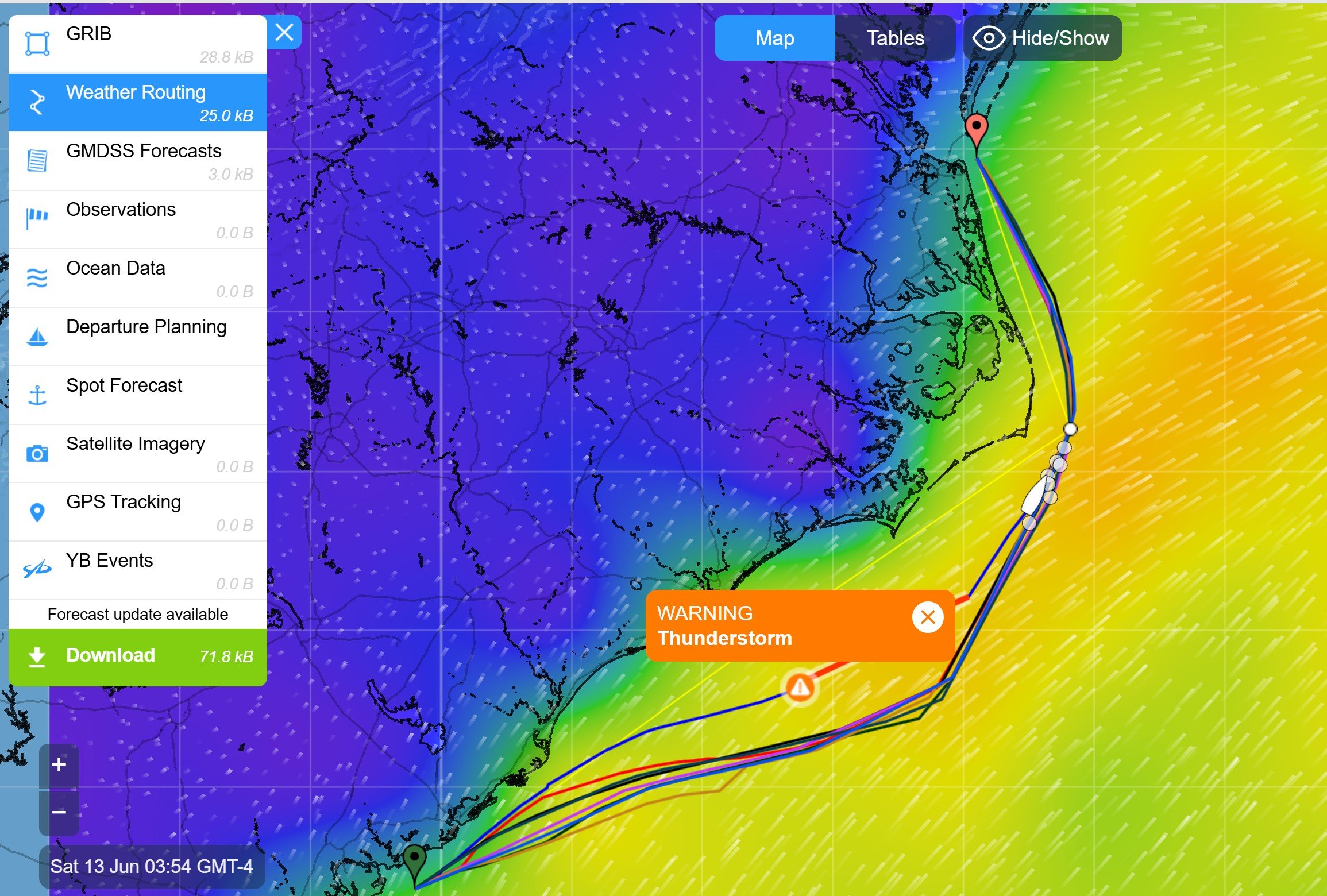 Weather map showing a tropical storm approaching the southeastern coast of the United States, with forecast data, weather routes, and storm warning labels.