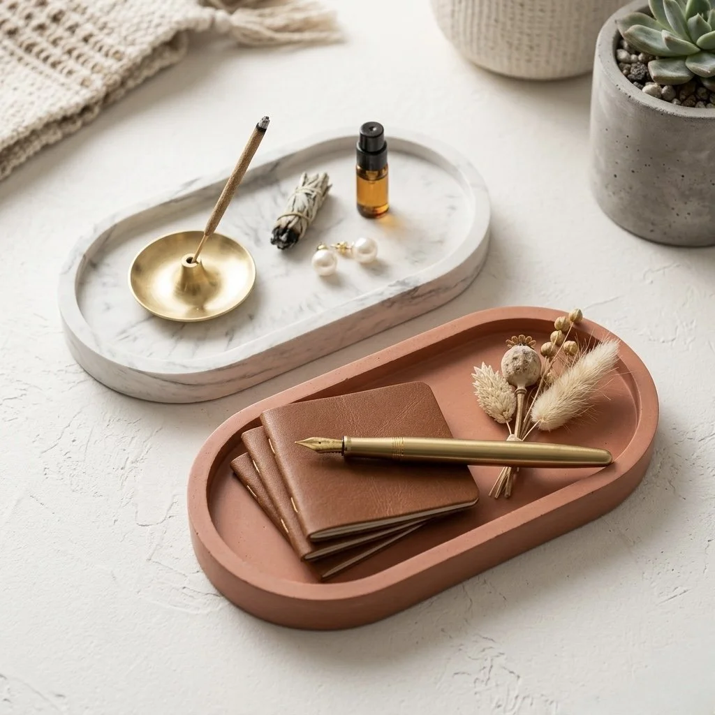 Decorative desk setup with two oval trays, a pink one holding notebooks, a pen, and dried flowers; a white marble tray with a small candle, essential oil, and pearl earrings; potted succulent plants in concrete pots; and a beige knitted cloth.