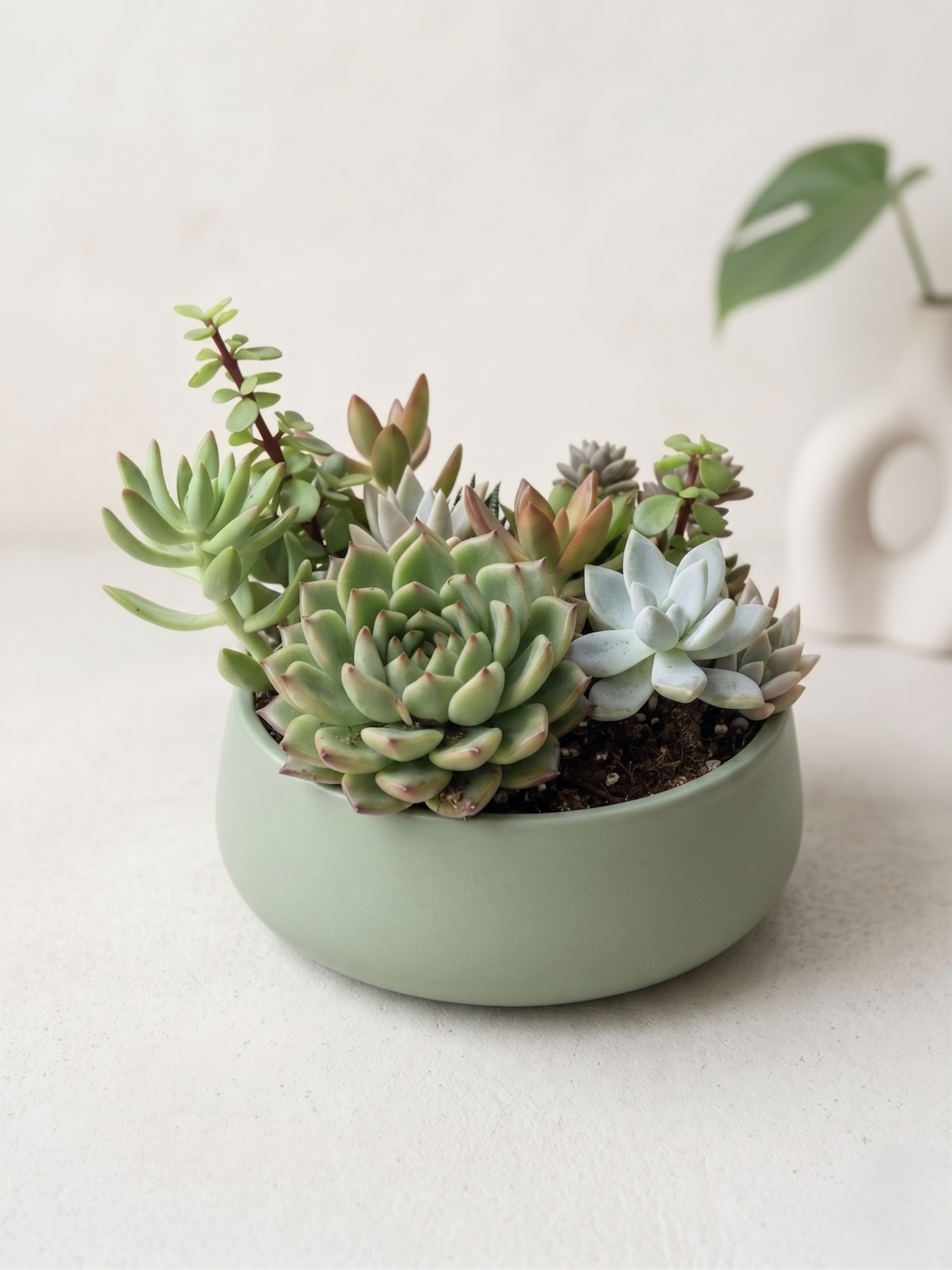 Image of a concrete planter in sage color with live succulent plants