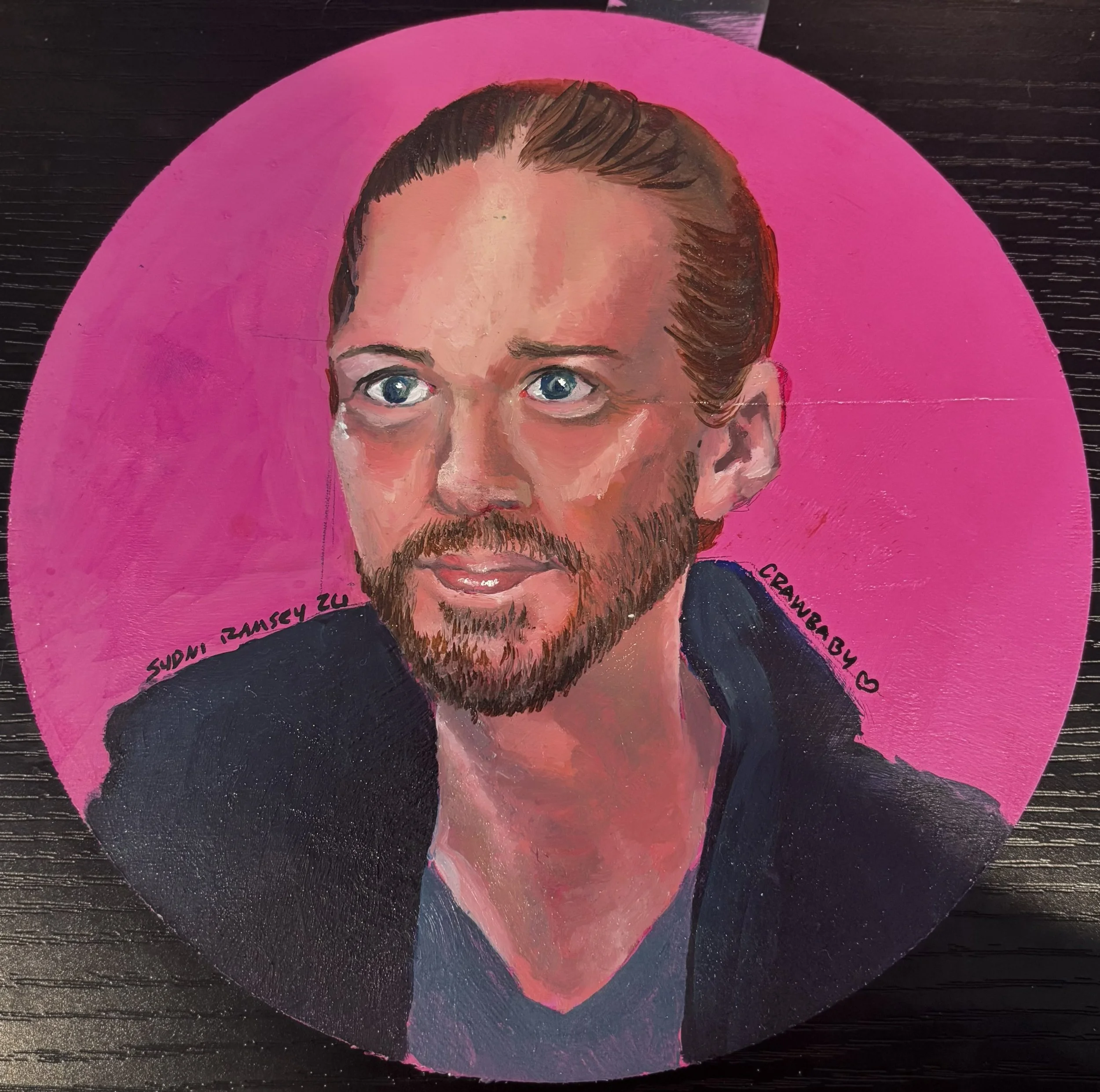 A painted portrait of a man with light skin, blue eyes, brown hair, and a beard, set against a pink background.