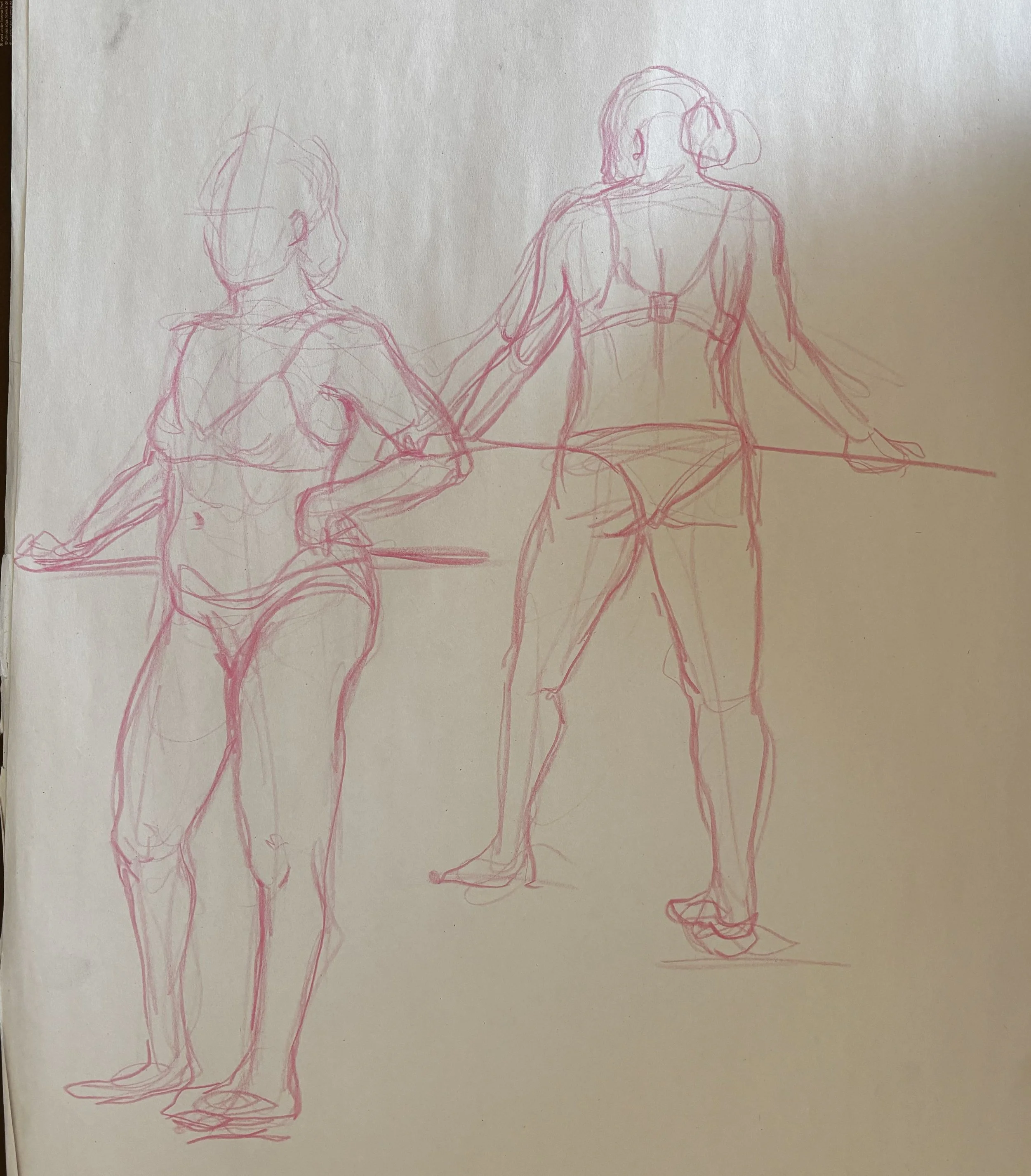 Pink pencil figure drawing of women, with one woman turned away and the other facing forward.