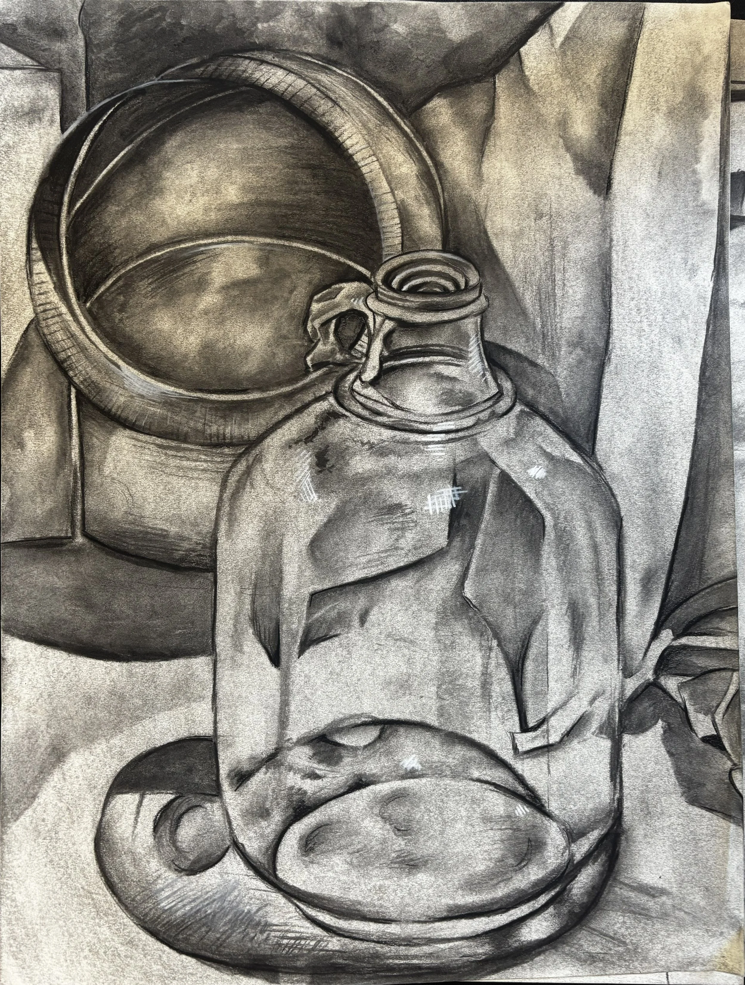 A detailed charcoal drawing of a still life scene featuring a large glass jug and an industrial tube arranged on a table.