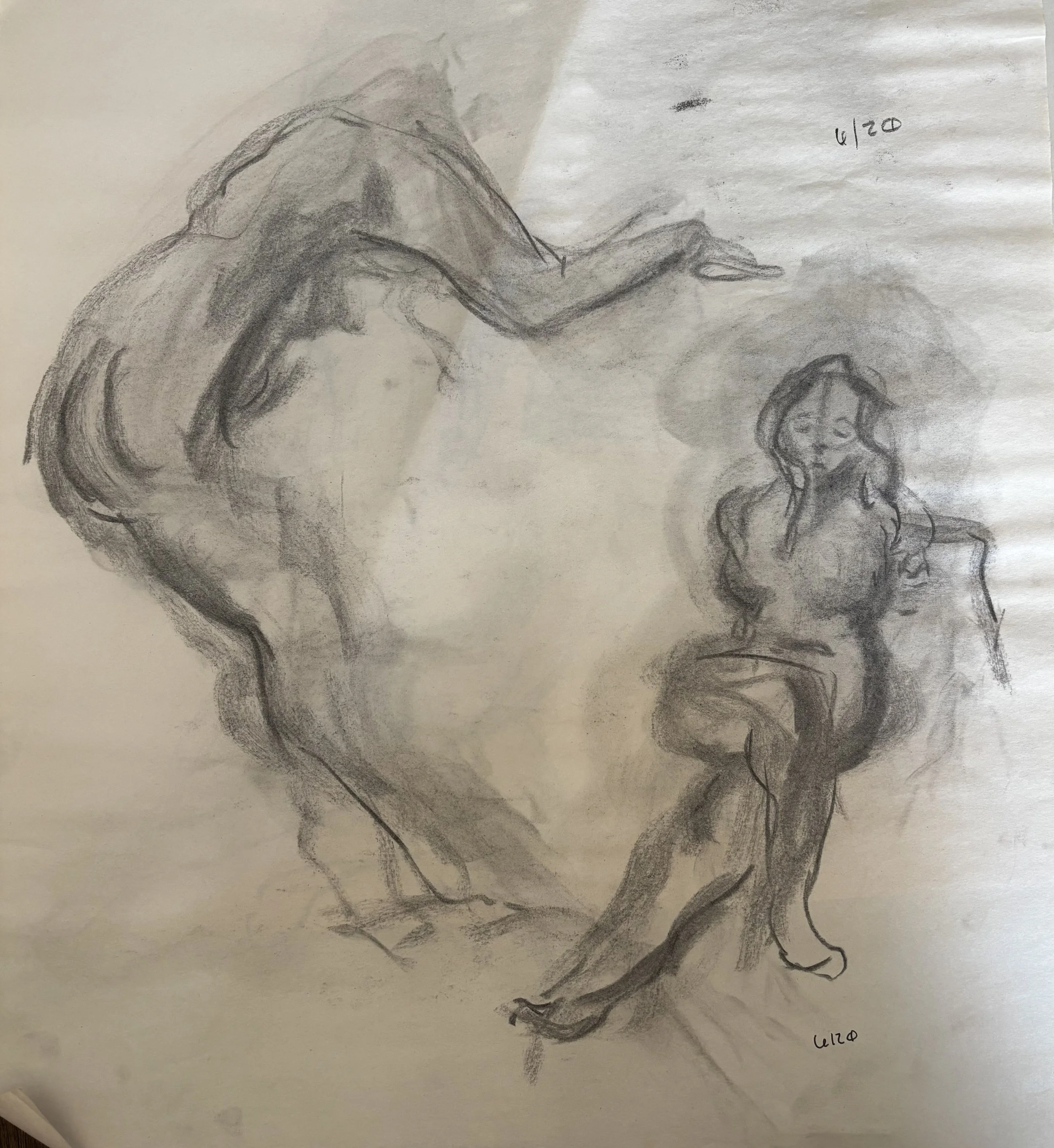 A charcoal sketch of a woman with long hair, sitting with her head bent and one arm resting, and a small drawing of a woman with long wavy hair at the bottom right corner of the paper. The date '4/20' is written in the top right corner.