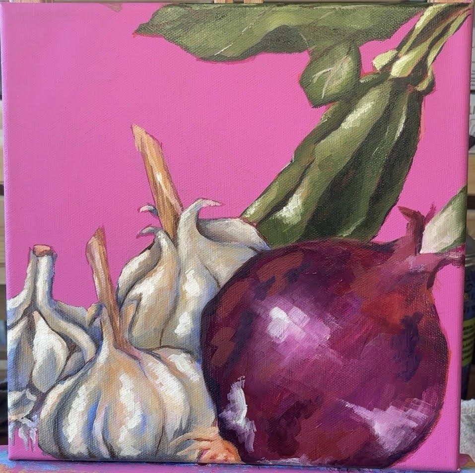 A painting of three garlic bulbs, an onion, and leafy greens against a pink background.