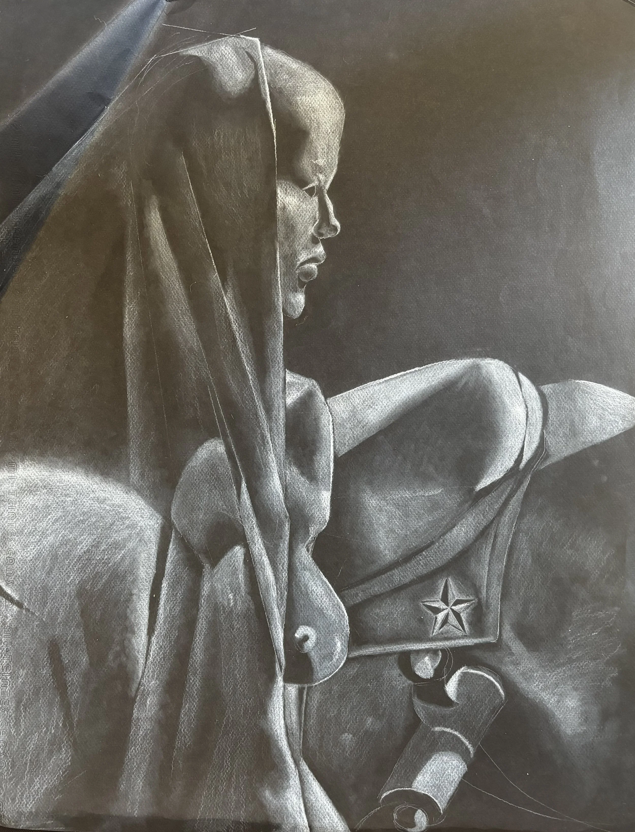 A chalk drawing of a woman in profile, draped in fabric on a dark background.