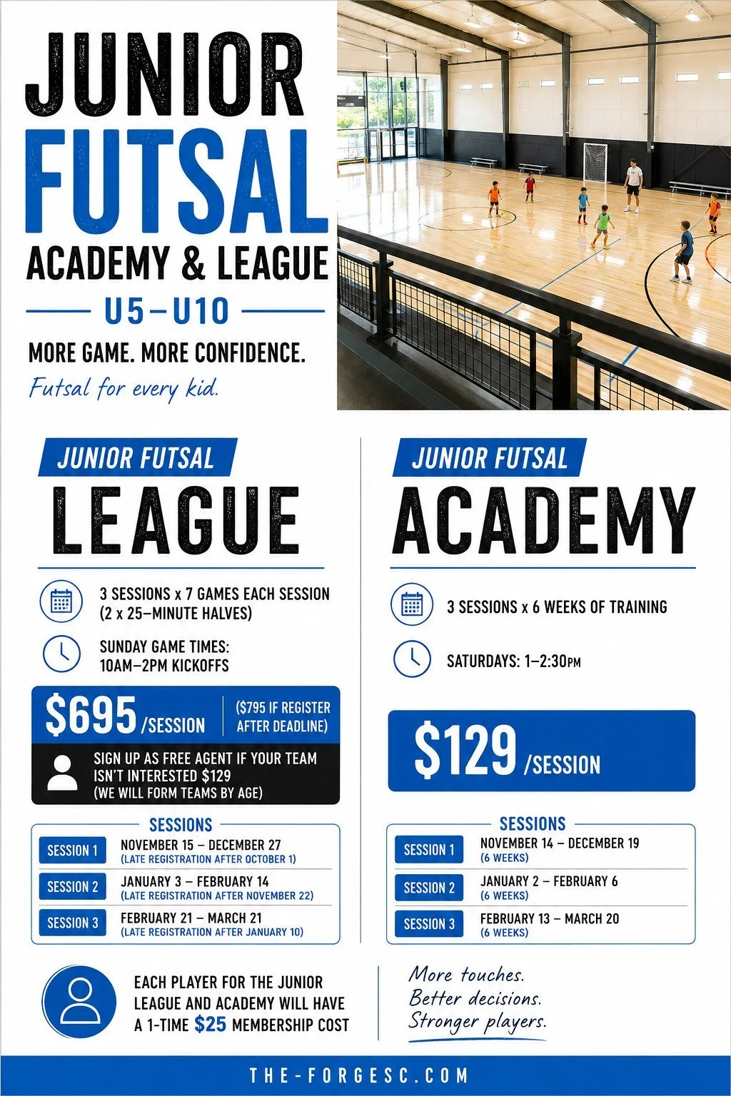 Registration is OPEN for Youth Futsal at The Forge!

Get your young players on the court this Winter! Spots are now open for both our Junior Futsal League and Junior Futsal Academy.

Junior Futsal League (U5&ndash;U10)
Choose from 3 winter sessions (