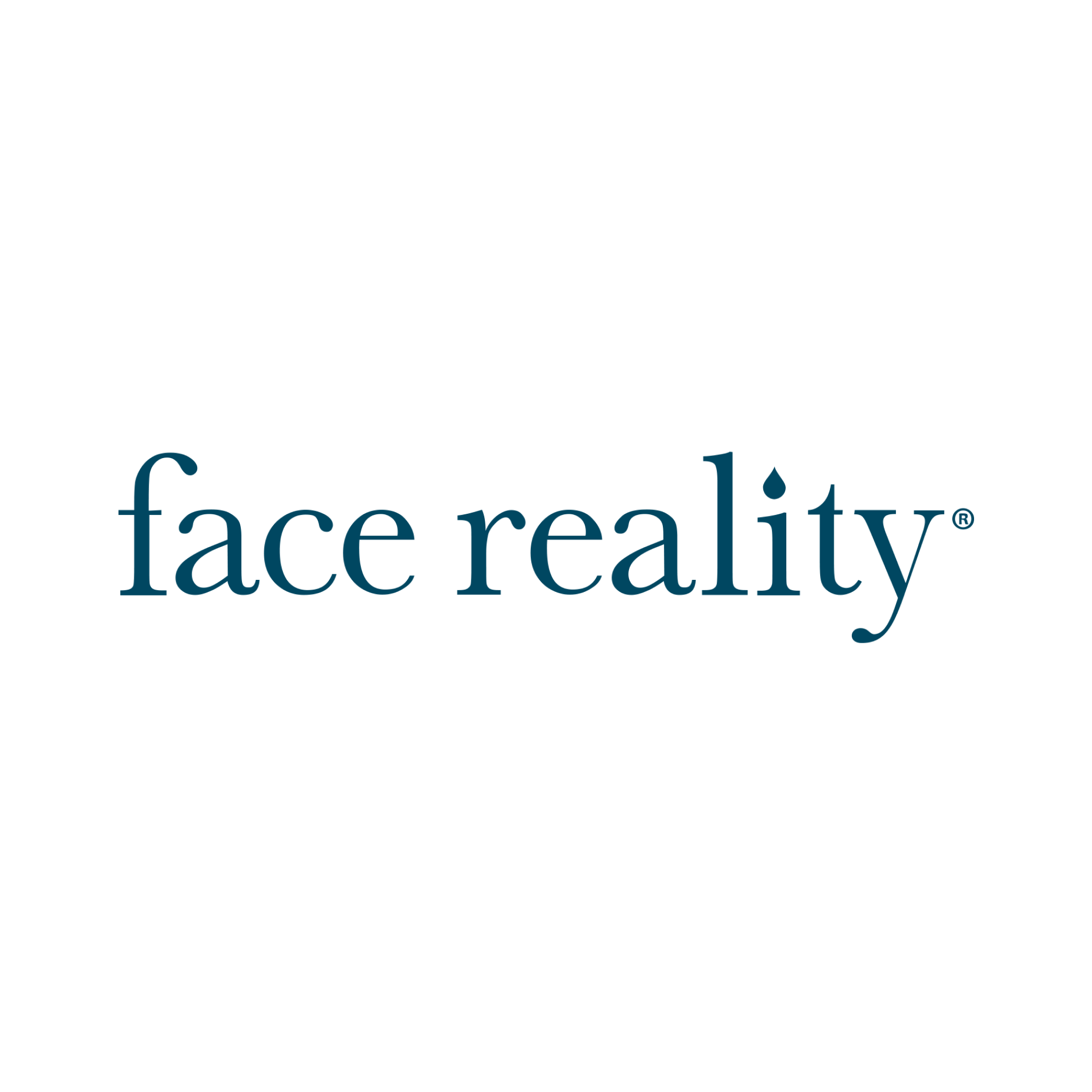Logo of face reality, a skincare brand, featuring the brand name in blue lowercase letters with a stylized icon above the text.