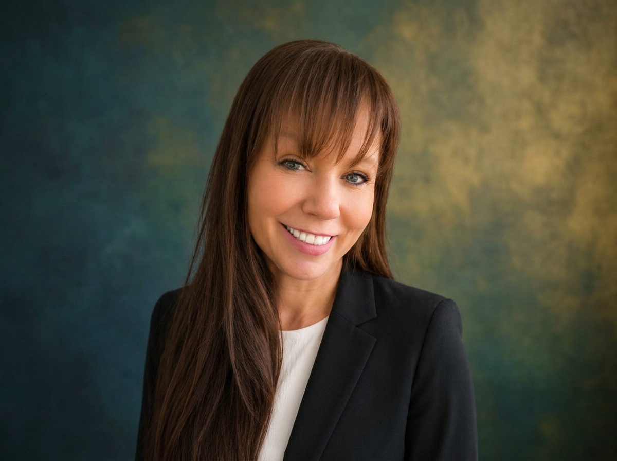 Smiling woman with long brown hair in a black blazer and white top against a blurred green and yellow background.