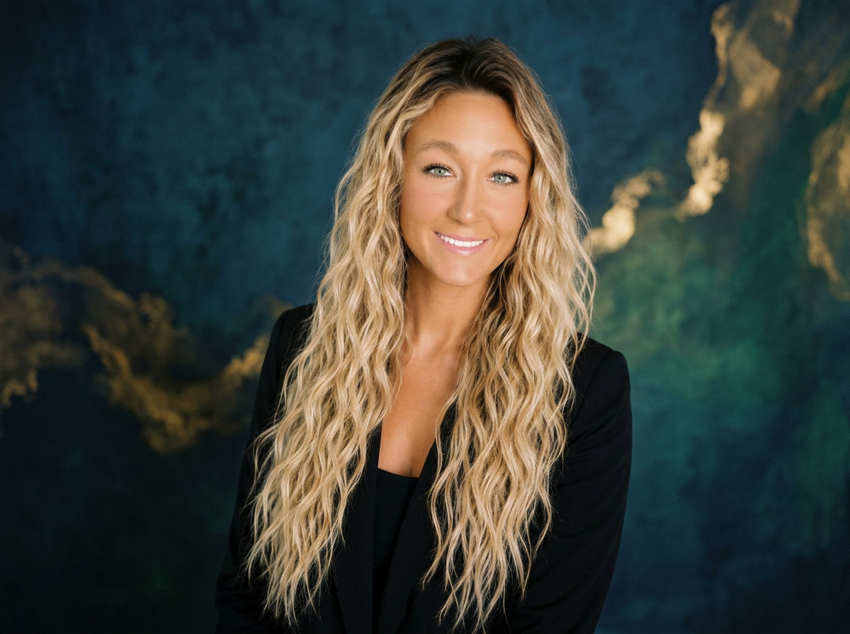 A smiling woman with long, wavy blonde hair, wearing a black blazer, standing in front of a dark, textured background.