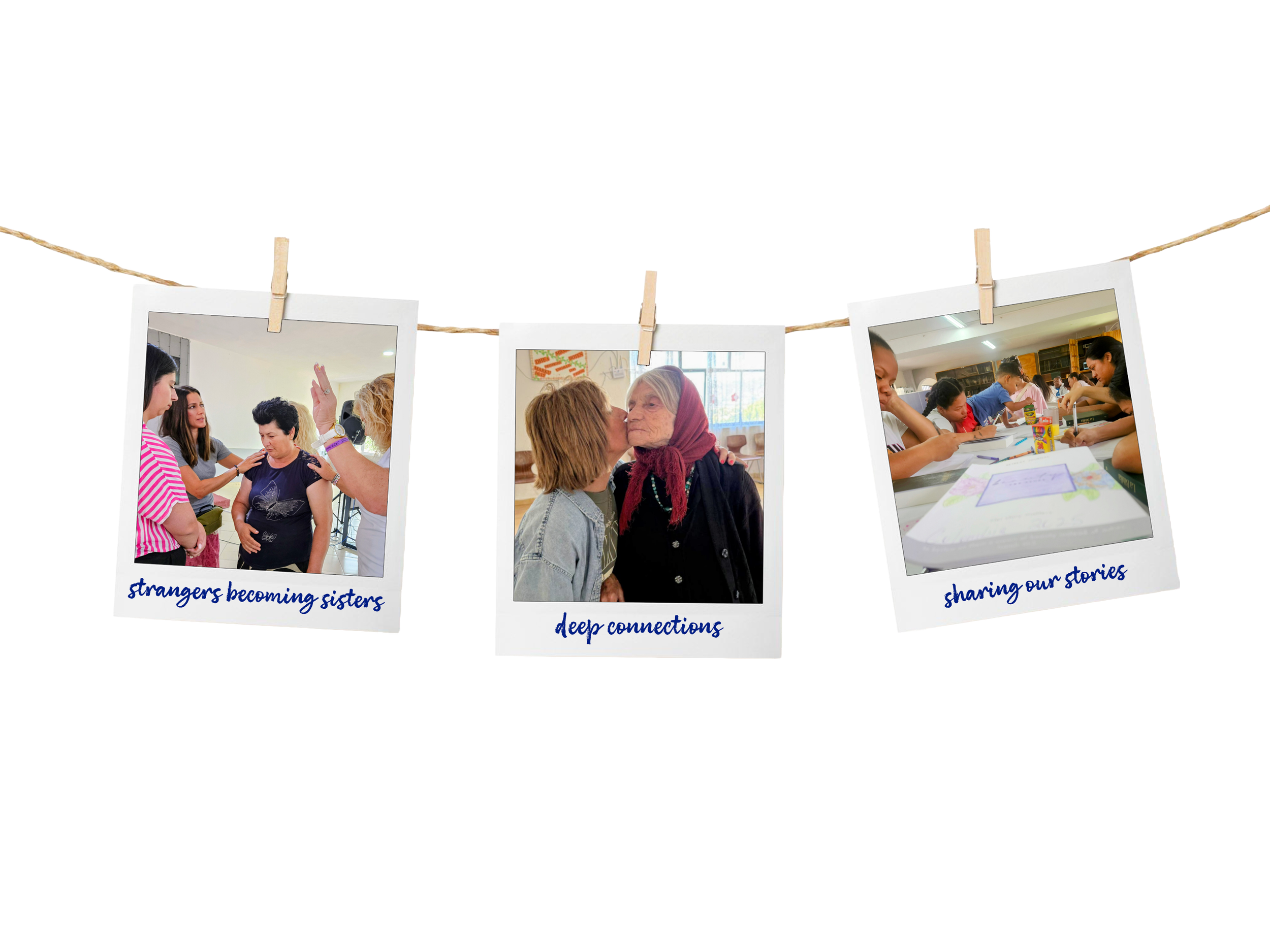 Three photographs hanging on a string with clothespins, with handwritten captions, depicting social interactions and connections.