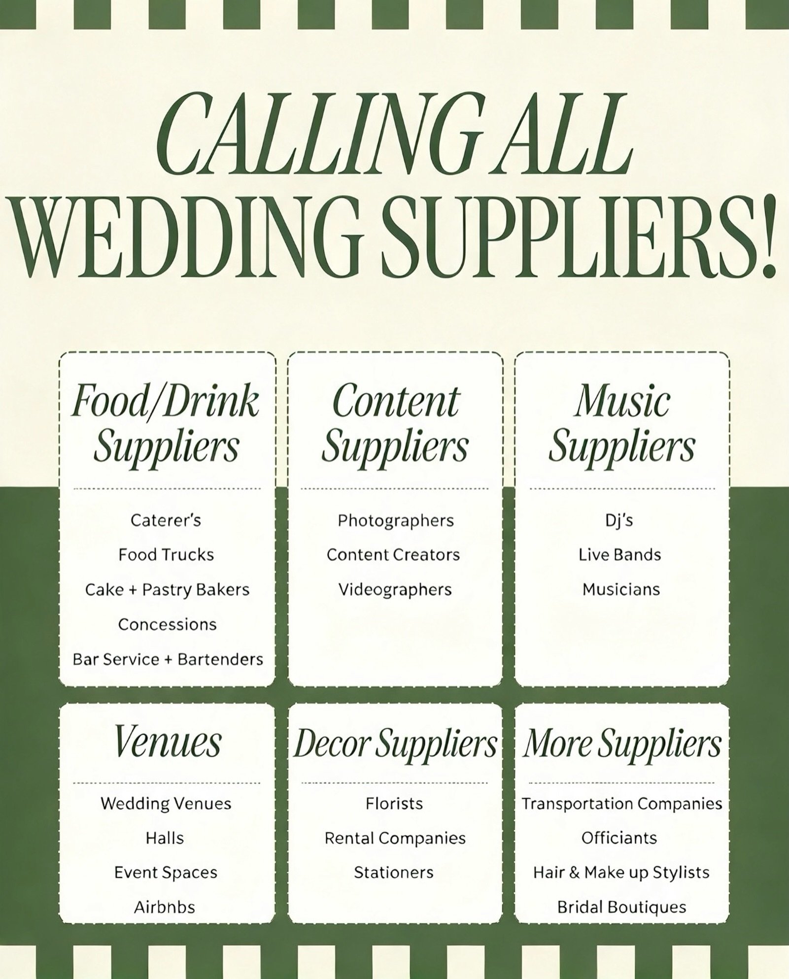 I am currently working on building a list of amazing suppliers that I can recommend &amp; refer to my wedding couples! 

Over the years we have already built amazing connections with so many of you all, to all our new followers who haven&rsquo;t yet 
