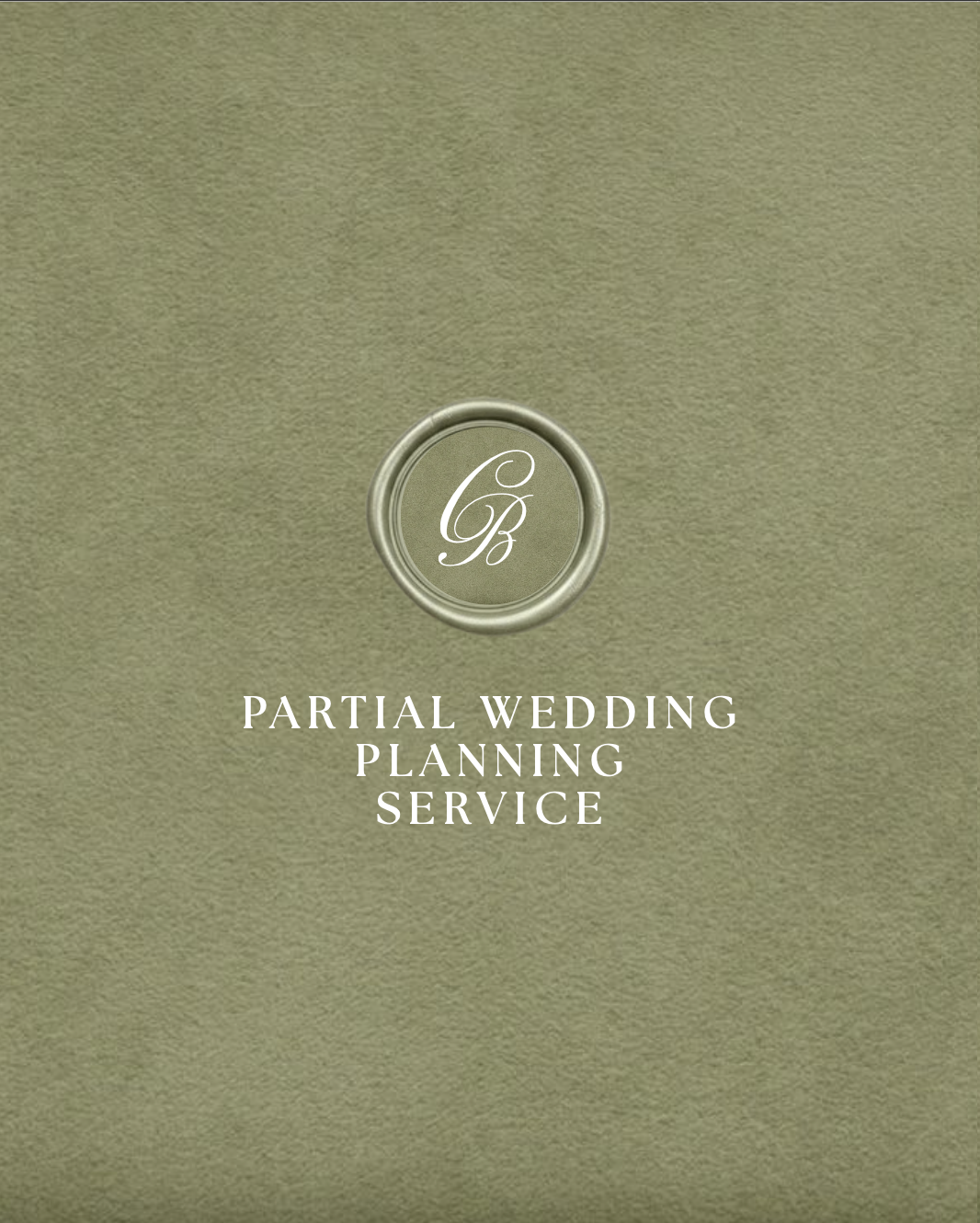 Cover page for partial wedding planning service, with a green background, a decorative 'B' monogram inside a circular emblem, and white text.