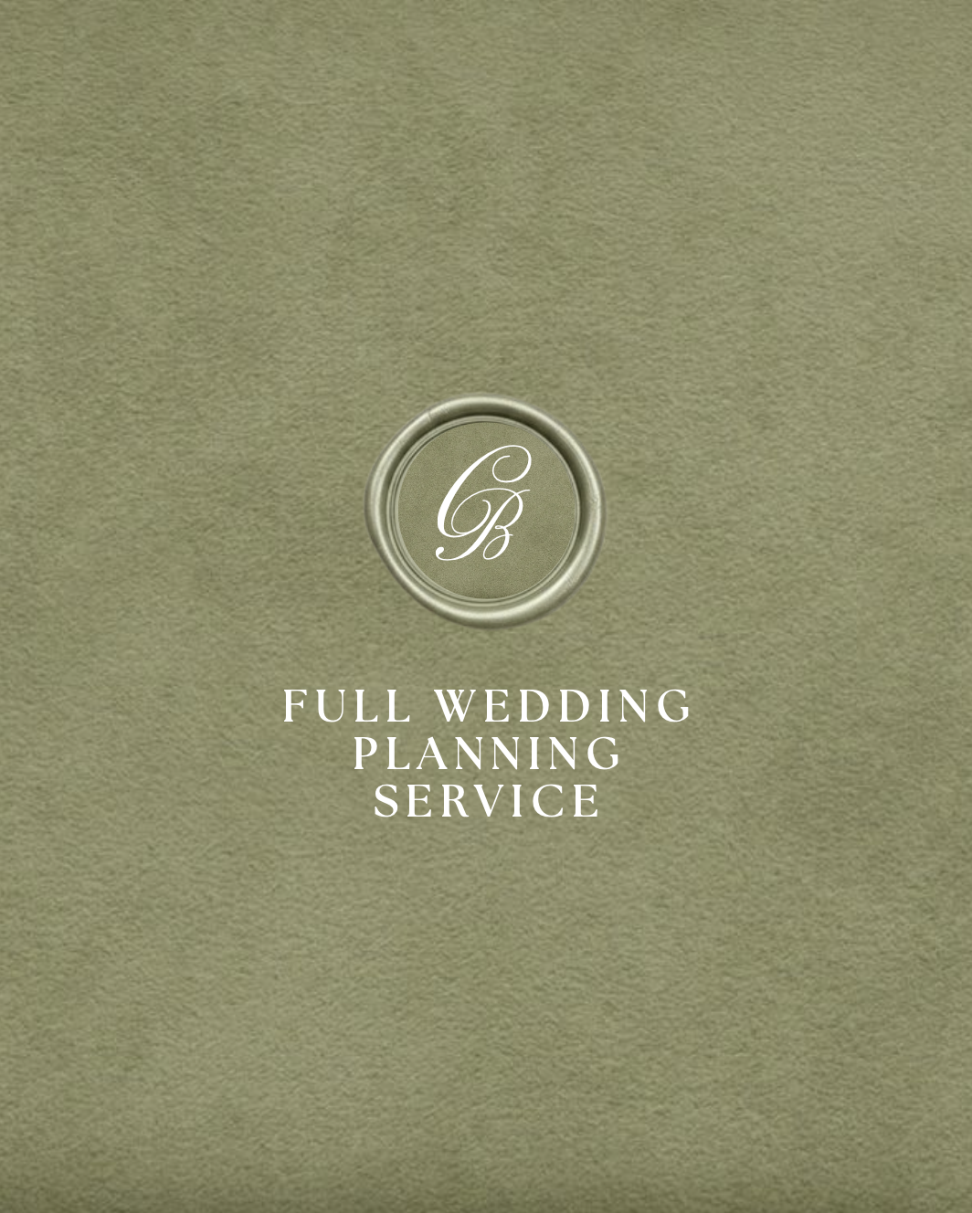 Cover of a wedding planning service brochure with a gold textured background, a silver emblem with the letter B, and the text 'Full Wedding Planning Service'.