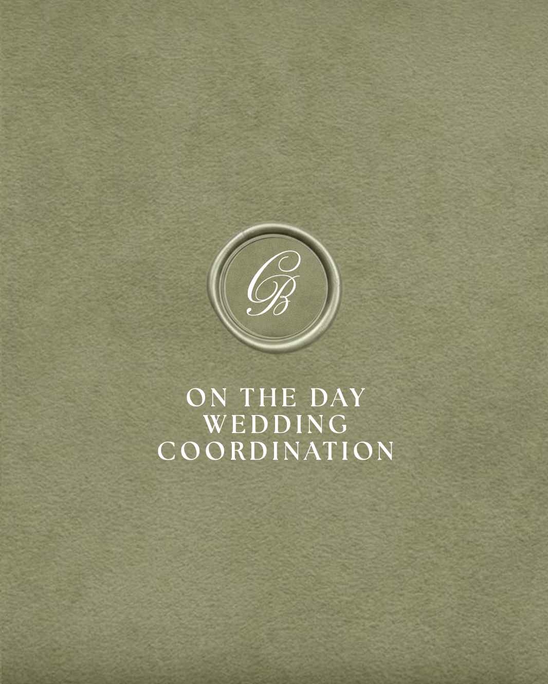Green textured background with a silver ring in the center containing the initials 'CB' in script font. Below the ring, the text reads 'On the Day Wedding Coordination'.