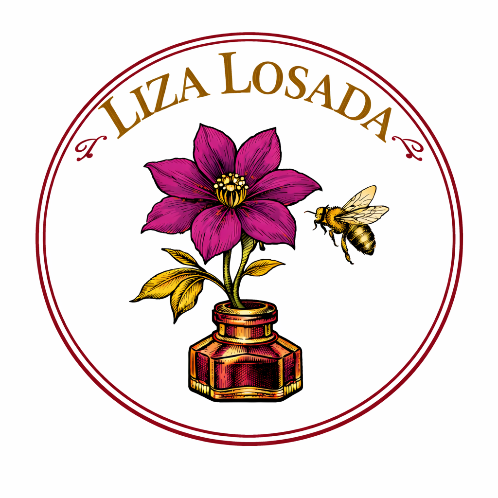 A logo featuring a pink flower with yellow center and green leaves in a decorative jar, a bee flying nearby, and the text 'Liza Losada' above the flower, all enclosed in a red circle.