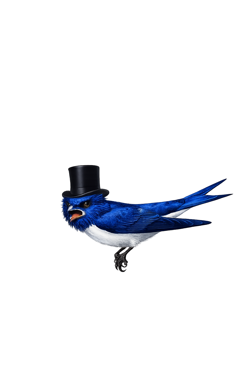A digitally edited image of a blue bird wearing a black top hat, with the body of the bird resting on a white surface against a black background with pink and purple light streaks.