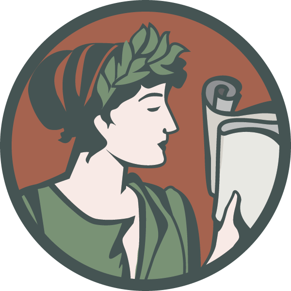 Illustration of a woman wearing a laurel wreath reading a scroll or ancient document.