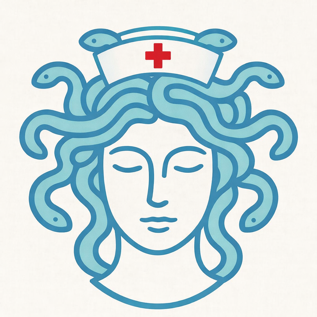 Illustration of a Medusa-like figure with snake hair wearing a nurse's cap with a red cross