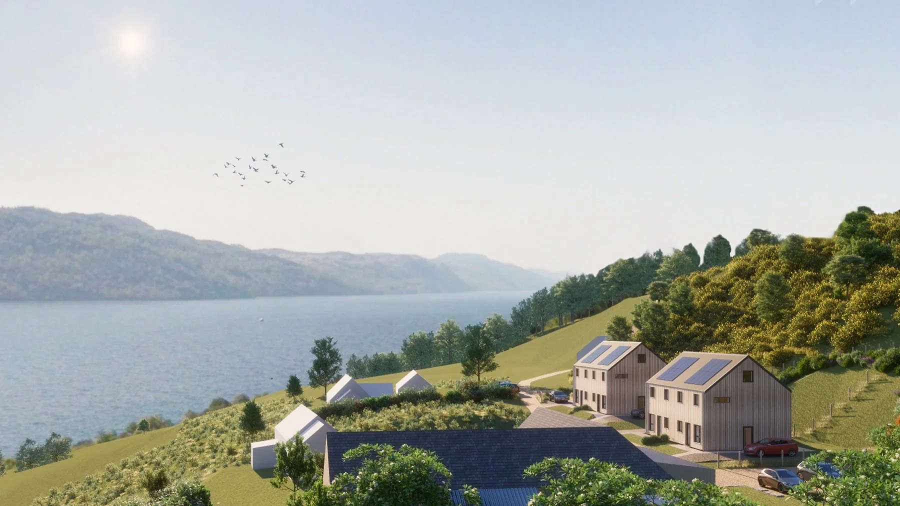 A serene landscape rednder, overlooking Loch Ness with Timber-rich affordable homes, in a landscape being restored, part of the Bunloit Resilience Reserve