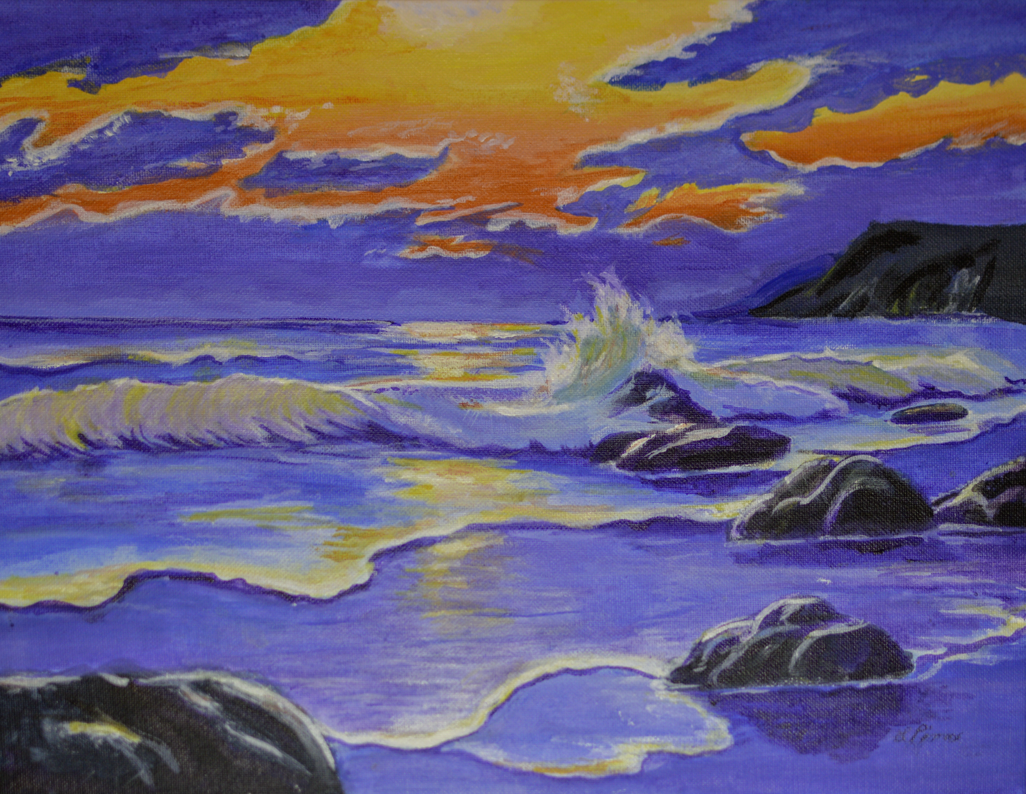 A painting of a seascape at sunset with dark rocks in the foreground, blue ocean waves, and an orange, yellow, and purple sky with clouds.