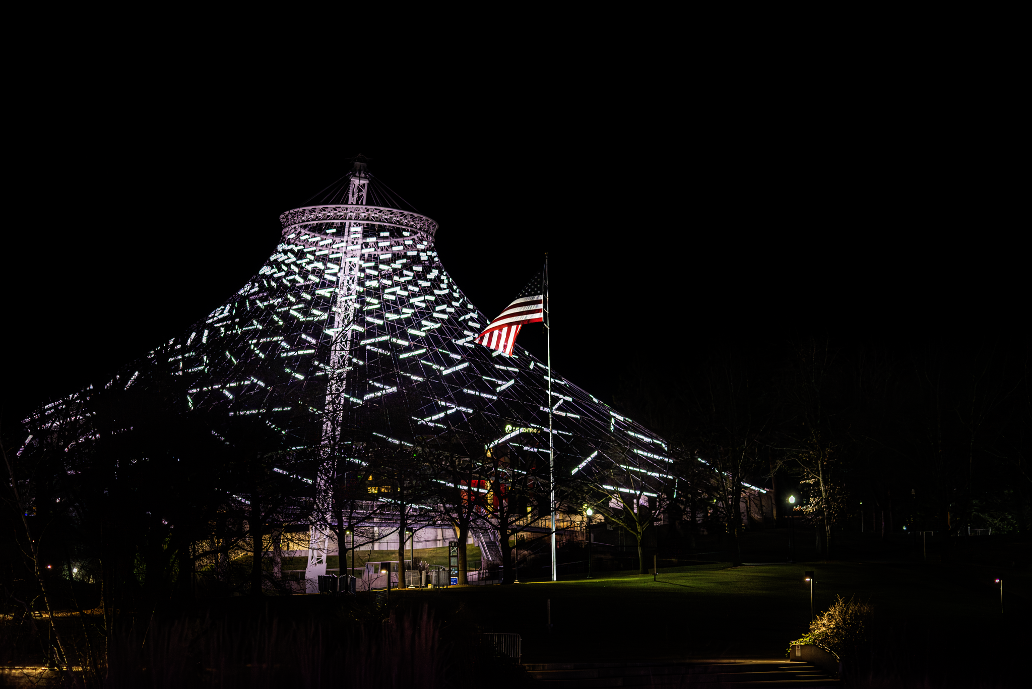 Night view of a large illuminated observation wheel or Ferris wheel with decorative lights, and an American flag on a pole nearby.