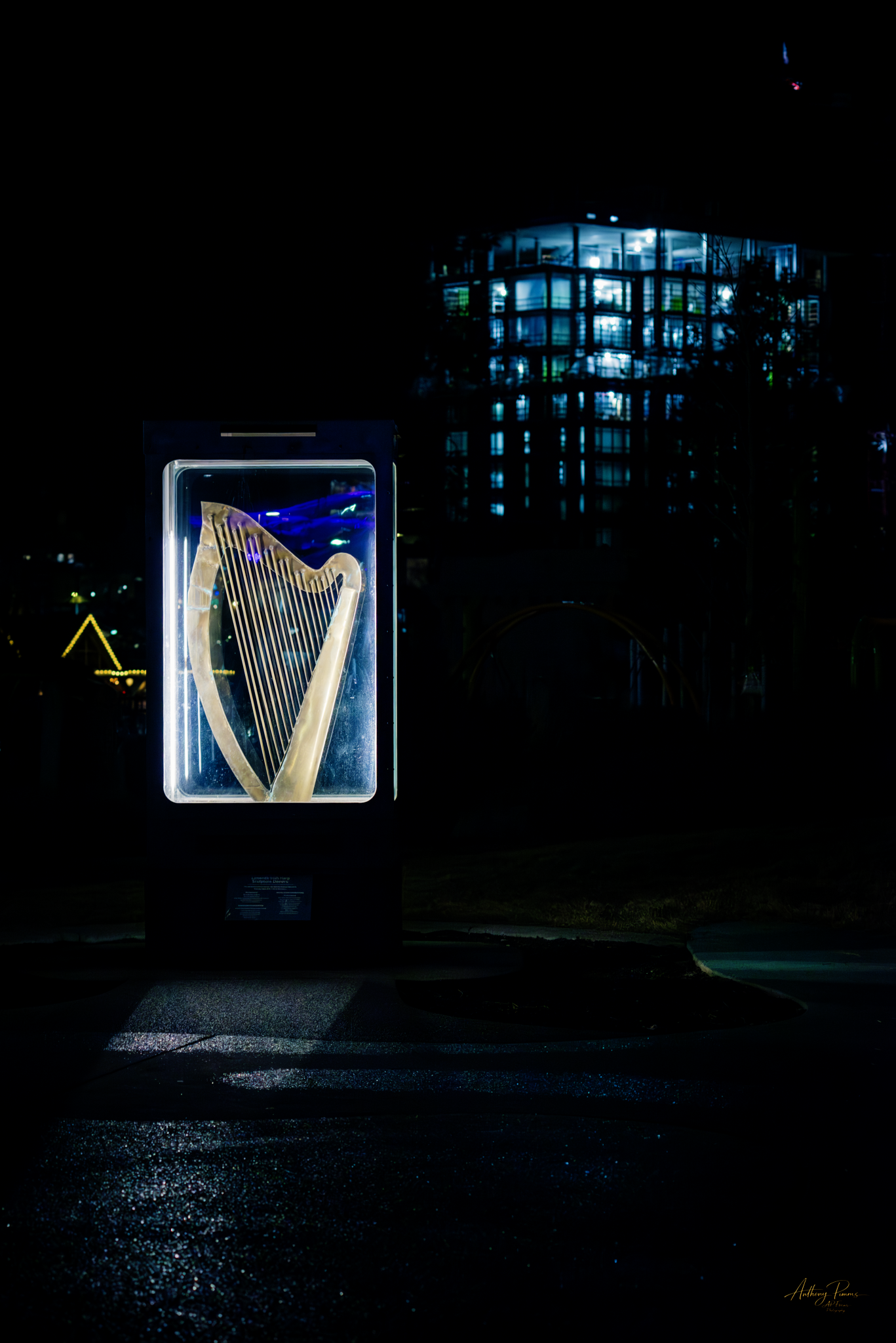 A brightly lit harp sign at night near a dark street with reflections on wet pavement, and a modern building with blue lighting in the background.