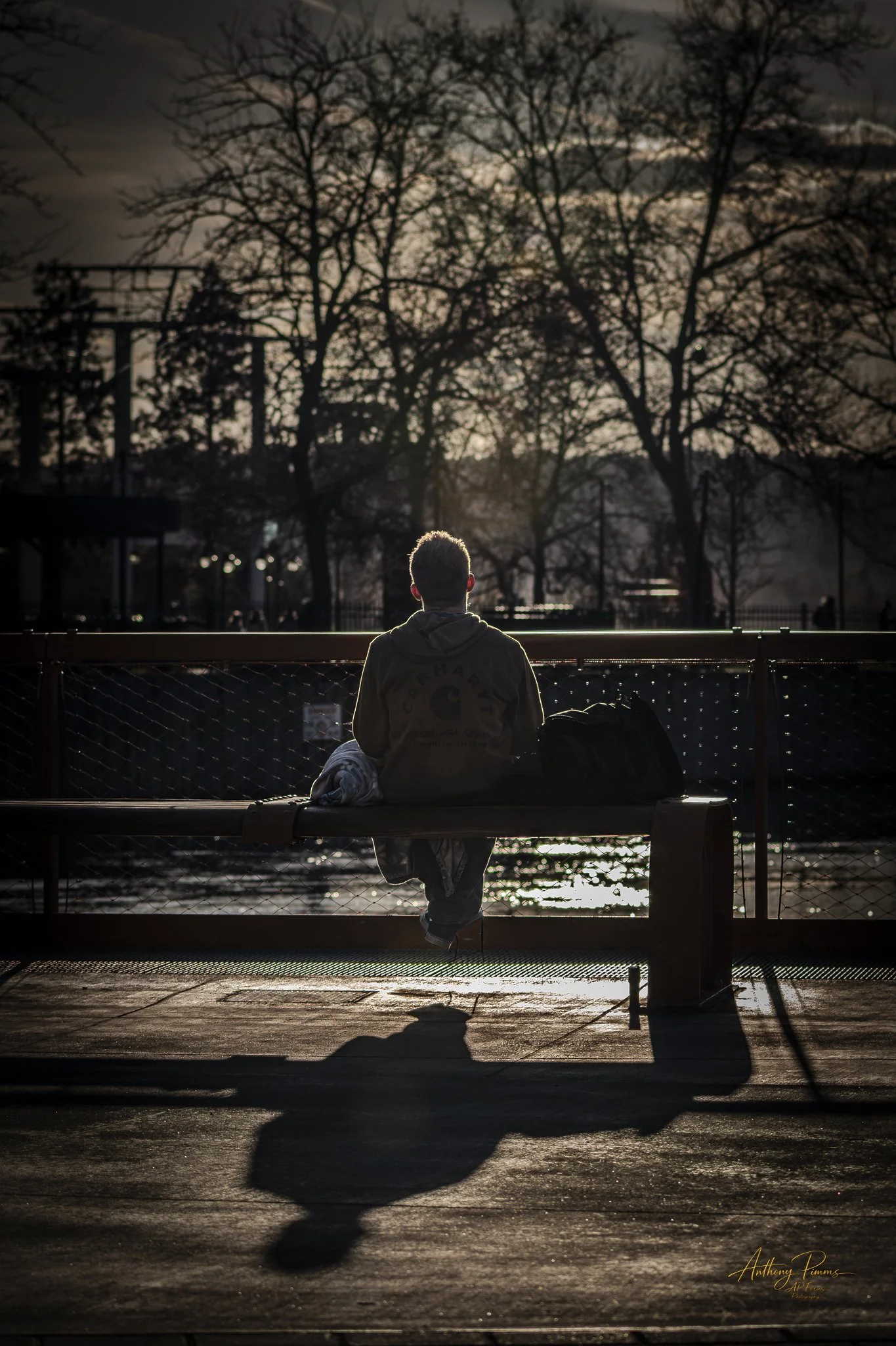 A person sitting on a park bench at sunset, facing away from the camera. The silhouette of leafless trees and playground equipment can be seen in the background, with the last light of the day casting long shadows.