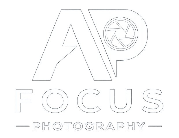 Logo for AP Focus Photography with stylized initials 'AP' and a camera aperture icon