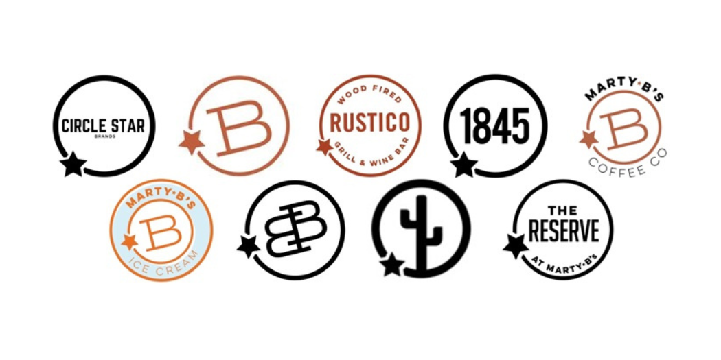 Collection of various logo designs, including circles and badges, with brand names such as Circle Star, Rustico, Marty B's, and The Reserve, some featuring stars and stylized text.