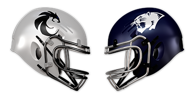 Image of two football helmets facing each other, one white with a black panther logo and one navy blue with a white panther logo.