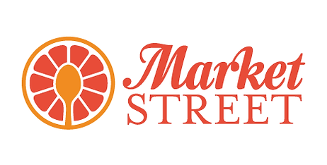 Logo for Market Street featuring a stylized orange slice with a lightbulb in the center and text 'Market Street' in red.