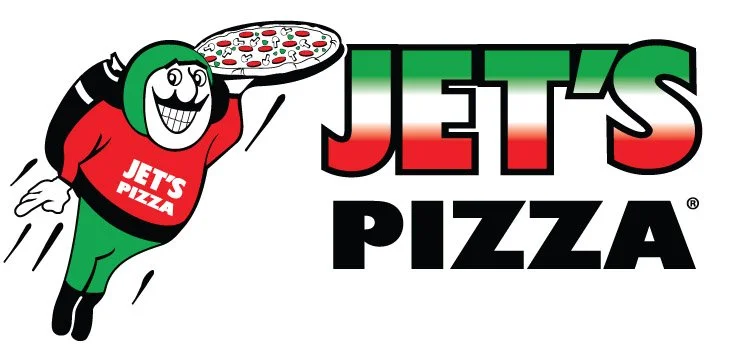 Cartoon mascot carrying pizza with the logo 'Jet's Pizza' in bold text.
