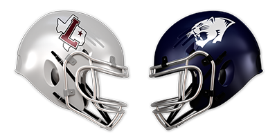 Two American football helmets, one white with a red and black logo, the other navy with a white panther logo, facing each other against a black background.