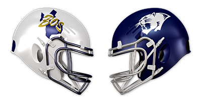 Two football helmets facing each other, one white with a logo and the number 30, and one dark blue with a panther logo.