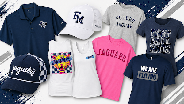 Collection of Jaguars-themed apparel including shirts, tank tops, a cap, and a white visor, all in team colors and styles.